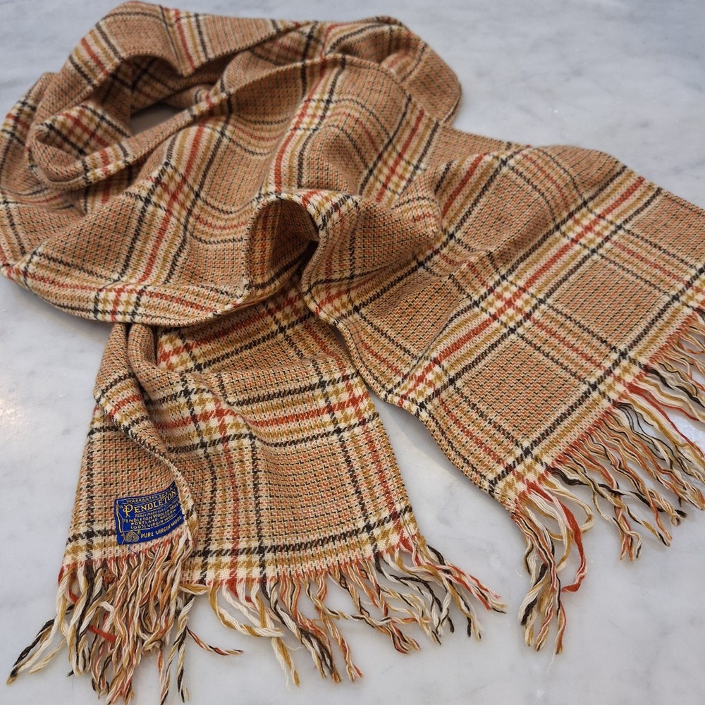 Vintage Pendleton Scarf Preppy Tan Plaid Pure Virgin Wool Fringe USA Made AS IS